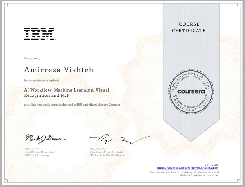 AI Workflow: Machine Learning, Visual Recognition and NLP certificate